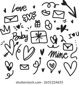 Romantic Doodle Elements – Cute Hearts, Love Quotes, Arrows, Stickers, Valentine’s Day Clipart