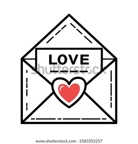 Romantic Doodle Envelope with Heart, Love-Themed Vector Illustration. A red, black and white doodle-style love letter for Valentine’s Day	