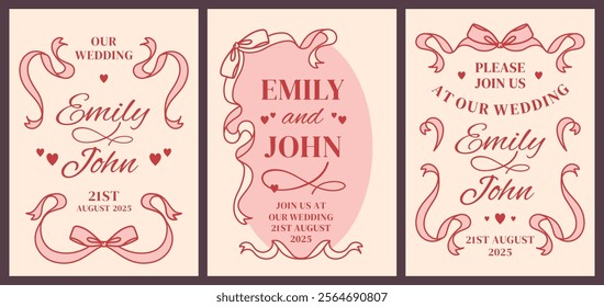 Romantic doodle hand drawn frames. Coquette retro set with hearts, wavy lines, bows and ribbons. Vector modern illustration. Trendy vintage borders for wedding invitations, Valentine day cards