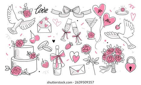 Romantic doodle icons set. Hand drawn stickers with cake, champagne, brides bouquet, pink hearts and wedding ring. Wedding design elements. Linear vector illustration collection isolated on background