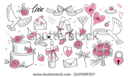 Romantic doodle icons set. Hand drawn stickers with cake, champagne, brides bouquet, pink hearts and wedding ring. Wedding design elements. Linear vector illustration collection isolated on background