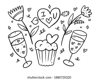 Romantic doodle icons vector illustration set elements. Flowers, cupcake, champagne and heart.