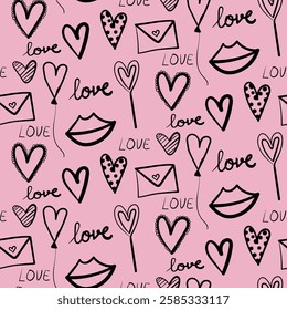 Romantic Doodle Love Hearts Seamless Pattern