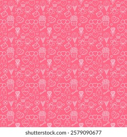 Romantic Doodle Love Pattern. The design is repetitive, employing a whimsical style, with white line art symbolizing love and affection, suitable for Valentine’s Day-themed projects.