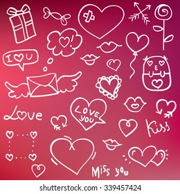 romantic doodle objects hearts love letter kiss with gradient mesh background