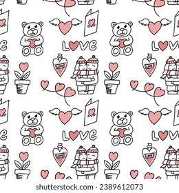 Romantic doodle pattern for Valentines Day. Vector illustration.