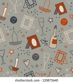 Romantic doodle seamless background with photo frames, candles, hearts, stars, goblets and bottles of vine. Endless hand drawn lace pattern with many decorative details