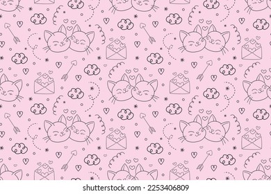 Romantic doodle seamless pattern with cats in love, clouds, arrows on pink background. Valentines day black and white card design, cover, notebook, wrapping, print