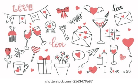 Romantic doodle set. Hand drawn elements for Valentine's day, 14 February. Bow, hearts, gift, candles, envelope, flowers, love, glass, rose