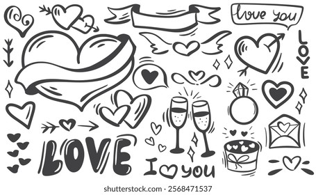 Romantic doodle set ink illustrations