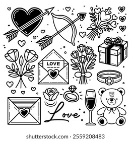 Romantic Doodle Set of Love-Themed Illustrations. A black and white doodle-style collection of love-themed illustrations for Valentine’s Day. Perfect for greeting cards, festive designs, packaging