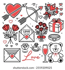 Romantic Doodle Set of Love-Themed Illustrations. A black and white doodle-style collection of love-themed illustrations for Valentine’s Day. Perfect for greeting cards, festive designs, packaging.