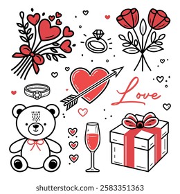 Romantic Doodle Set of Love-Themed Vector Illustrations. A black and white doodle-style collection of love-themed illustrations for Valentine’s Day	