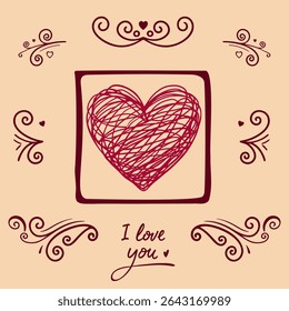 Romantic doodle style heart with handwritten I love you text and decorative swirls, perfect for greeting cards or love notes.