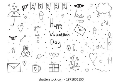 Romantic doodles. Doodles for valentine's day. Romantic elements. Can be used to design greeting cards and banners.