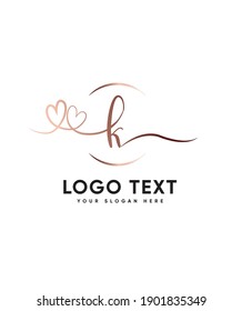 A romantic double heart shaped swashes and dreamy handwritten letter type K logo template, Vector logo for business and company identity 