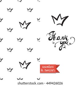 Romantic double sided greeting card in fashion style. Seamless pattern with crown on one side and on another big art element with lettering: thank you.