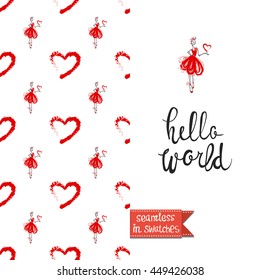 Romantic double sided greeting card in fashion style. Seamless pattern with red heart and girl on one side and on another big art element with lettering: hello world.