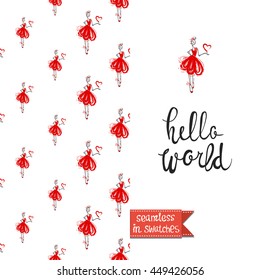 Romantic double sided greeting card in fashion style. Seamless pattern with bridesmaid on one side and on another big art element with lettering: hello world.
