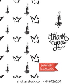 Romantic double sided greeting card in fashion style. Seamless pattern with crown on one side and on another big art element with lettering: thank you.
