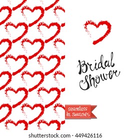 Romantic double sided greeting card in fashion style. Seamless pattern with red heart on one side and on another big art element with lettering: bridal shower.