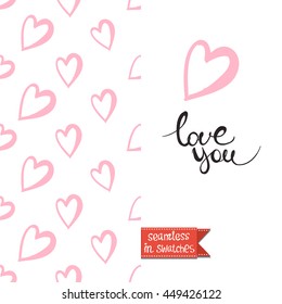 Romantic double sided greeting card in fashion style. Seamless pattern with pink heart on one side and on another big art element with lettering: love you.