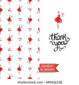 Romantic double sided greeting card in fashion style. Seamless pattern with red heart on one side and on another big art element with lettering: thank you.