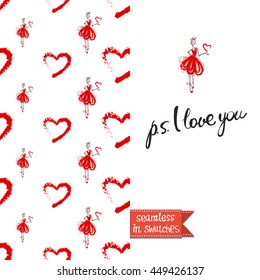 Romantic double sided greeting card in fashion style. Seamless pattern with red heart on one side and on another big art element with lettering: ps i love you.
