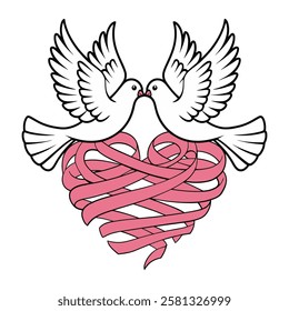 Romantic Doves with Heart Ribbon Illustration