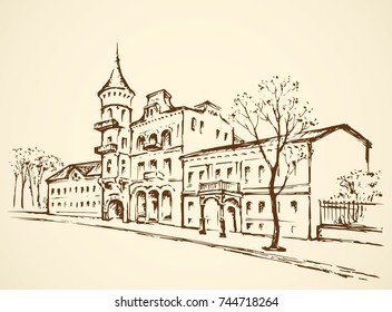 Romantic downtown square place with medieval edifice and space for text on sky backdrop. Ukrainian scenic view. Freehand outline ink drawn picture sketchy in art retro scribble style pen on paper