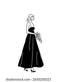Desenho romântico de uma mulher em um vestido de noite com flores, para casamento ou conceito de celebração.