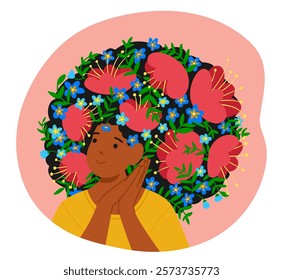 Romantic dreamlike attractive woman cartoon character with hair decorated poppies and pansies flowers feeling happiness, inspiration and self-love vector illustration. Female natural beauty concept