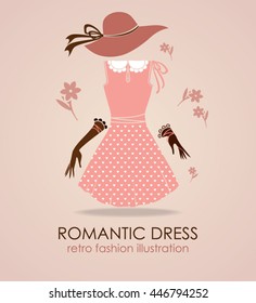 Romantic dress. Fashion card in retro style.