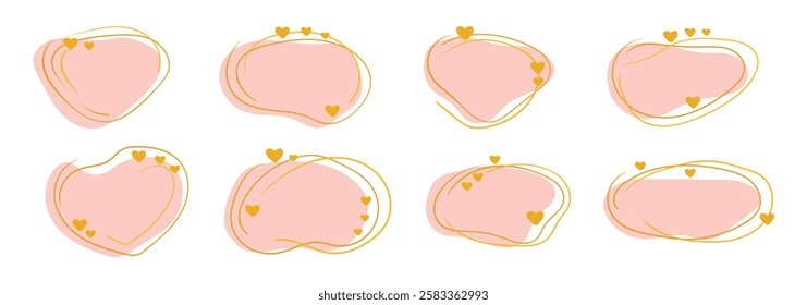 Romantic drop shape in pink color with lines and gold hearts. Various irregular frames with hearts for festive, romantic, elegant design. Vector blot for valentine's day and wedding.