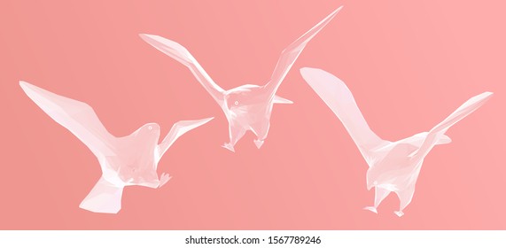Romantic Eagle. Set of Pink Eagles on Feminine Background. Low Poly Valentines Vector 3D Rendering