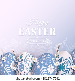 Romantic Easter background with Easter eggs with floral pattern.