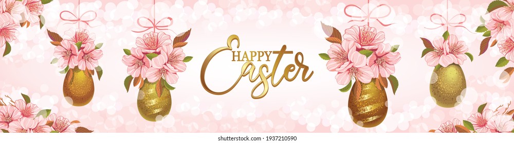 Banner floral romántico de Pascua, delicadas flores rosadas de Sakura en un fondo salpicado, huevos de Pascua con flores de Sakura colgados en un arco, letras doradas, vector editable, concepto de Pascua