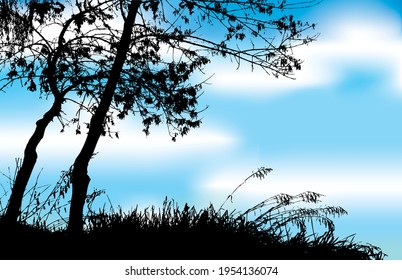 Romantic eco fall flora day scenic view light blue white text space backdrop. Hand drawn old lush bare dry beech aspen bush shrub grove thicket blue heaven scene retro abstract art print banner style
