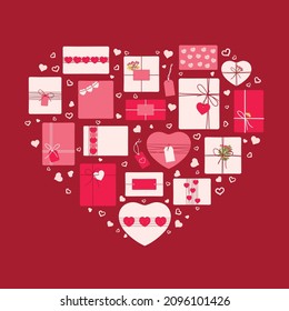 Romantische umweltfreundliche Verpackungsgeschenke für den Valentinstag in Herzform. Geschenkschachteln mit Kraftpapier, Herz, Blumen, Jute umhüllen. handgezeichnete Vektorgrafik