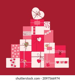 Romantic eco-friendly packaging gifts for Valentine's day in triangle shape. Wrapping present boxes with kraft paper, hearts, flowers, jute. Hand drawn vector illustration