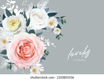 Romantic editable vector floral wedding invite card, greeting banner. Pale peach garden rose, yellow, ivory white camellia flower, green eucalyptus leaves, pampas grass bouquet watercolor illustration