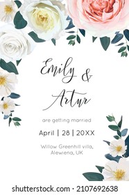 Romantic, editable wedding invite, save the date card, greeting template design. Vector floral illustration of blush pink, yellow, ivory white garden roses, camellia flowers, emerald eucalyptus leaves