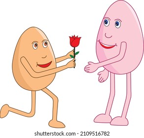 Romantic egg cartoon on his knees giving a rose to her beautiful valentine on the rose day. Vector Illustration. 