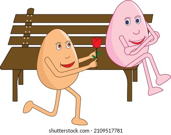 Romantic egg cartoon on his knees giving a rose to her beautiful valentine sitting on a bench on the rose day. Vector Illustration. 