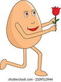 Romantic egg cartoon standing on knee and giving rose on the rose day. Vector Illustration. 