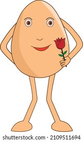 Romantic egg cartoon standing and waiting for her valentine with a rose on the rose day. Vector Illustration. 