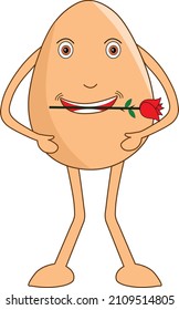 Romantic egg cartoon waiting for her valentine with a rose on his mouth. Vector Illustration. 