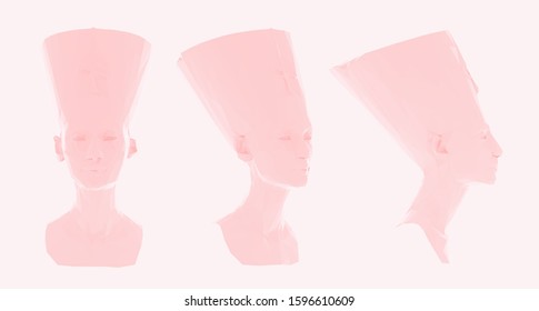 Romantic Egyptian Queen Nefertiti. Set of Pink Cleopatra Sculptures on Feminine Background. Low Poly Valentines Vector 3D Rendering