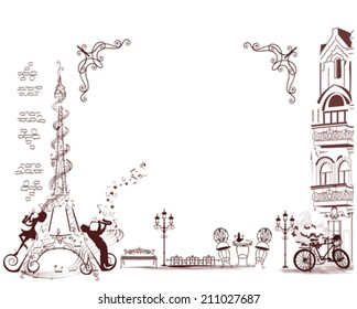 Romantic Eiffel Tower decorated with a musical stave, notes and musicians. French frame.