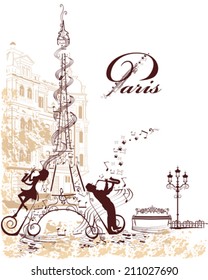 Romantic Eiffel Tower decorated with a musical stave, notes and musicians.